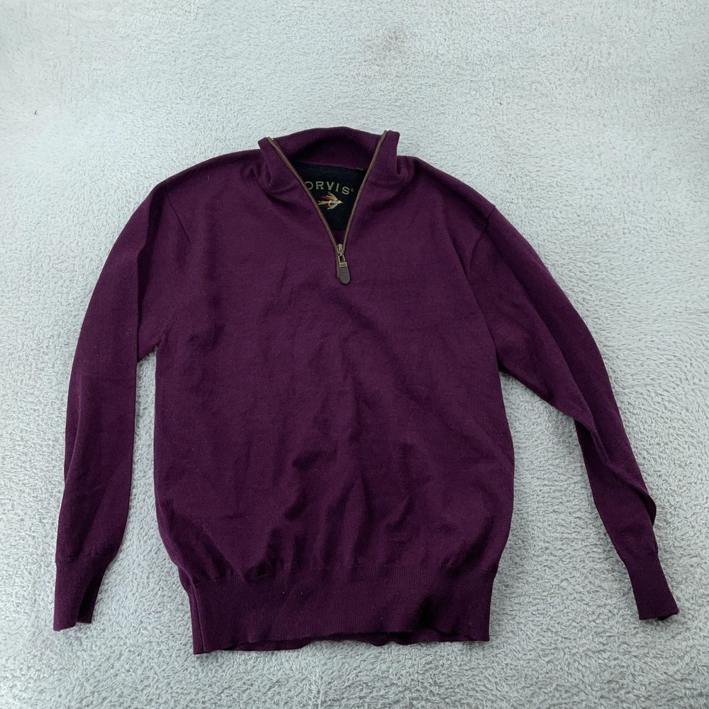 Orvis Sweater Mens Medium Purple Merino Wool Quarter Zip Pullover Mock Neck